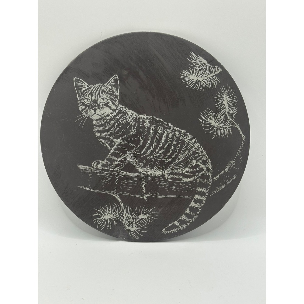 Vintage Etched Slate Cat Coaster Plaque Tabby Cat Pine Branch Blue Felt 5.5"